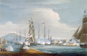 Curacoa kikötőjének elfoglalása, Holland Kelet-Indiában, J. Bailey metszete J. Ralfe "The Naval Chronology of Great Britain" című, 1820-ban megjelent művéhez.